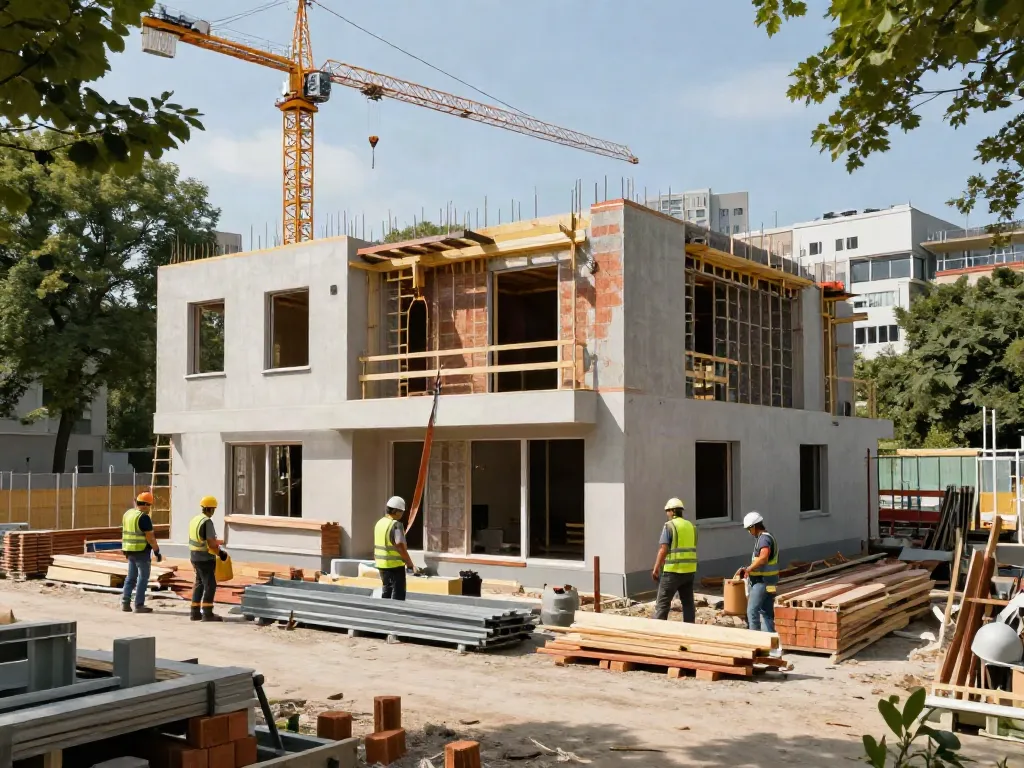 Haus Bau Wien: Bauarbeiter in Wien bei modernem Wohnhaus unter Bau mit Baugeräten und Materialien.