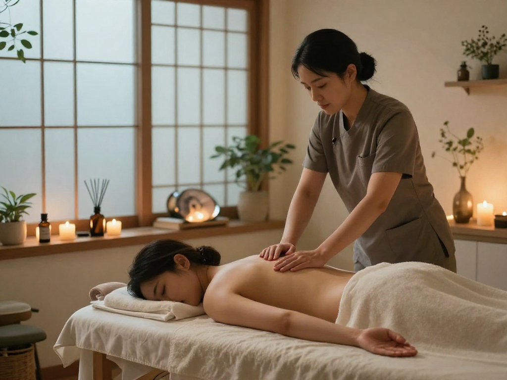 Relaxation during 인천출장안마 with a serene spa setting.