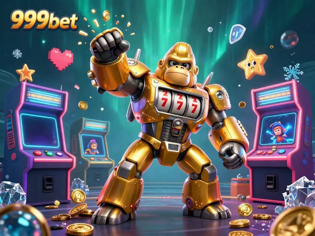 Experience winning with 999bet in an exciting 3D casino scene featuring a golden gorilla mech.