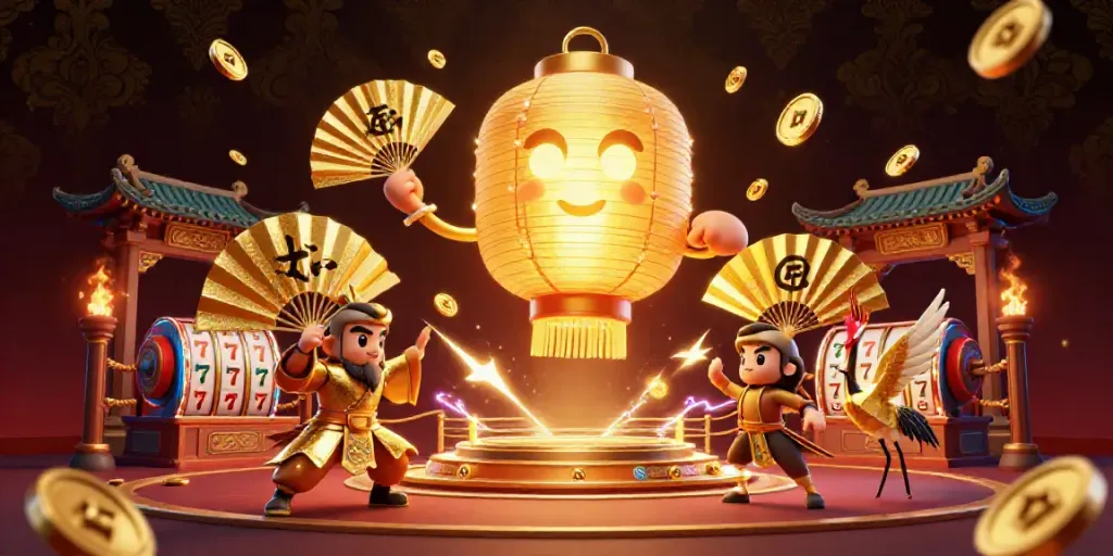 Engage with OKFUN's vibrant casino experience, featuring a giant golden lantern spirit and dynamic lucky symbols.