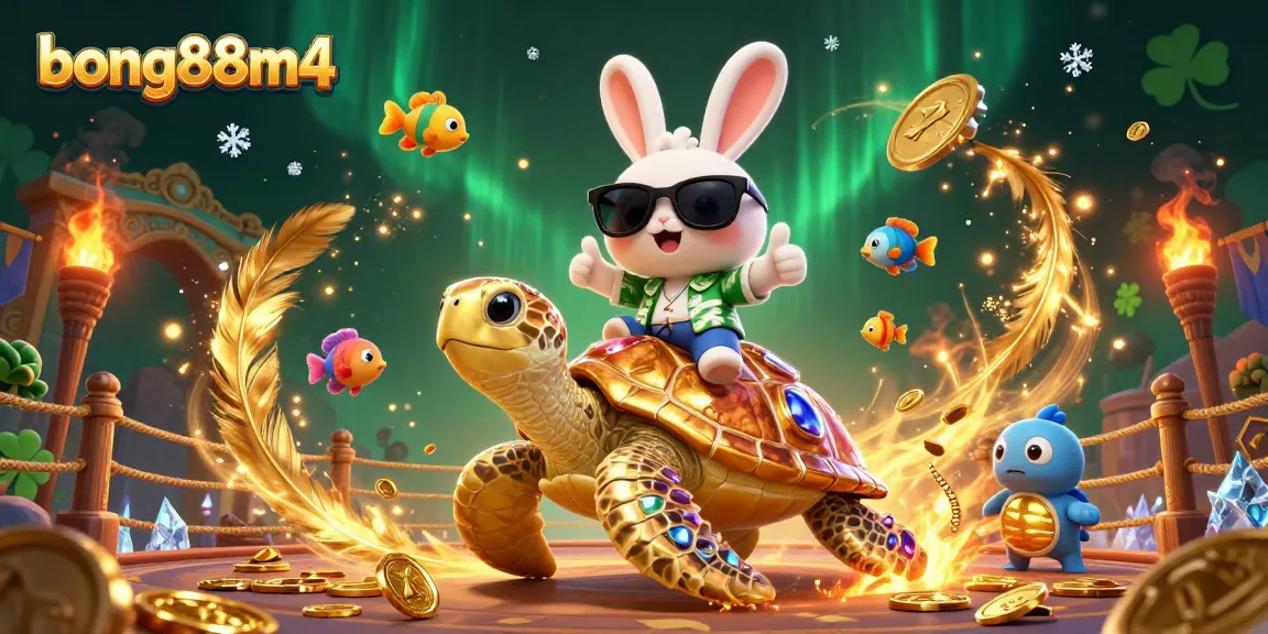 Experience the excitement of bong88m4 as the lucky rabbit rides a golden turtle among vibrant casino treasures.