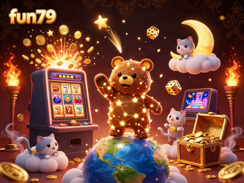 Win big at fun79 with a vibrant 3D casino-themed illustration packed with slots and gold.