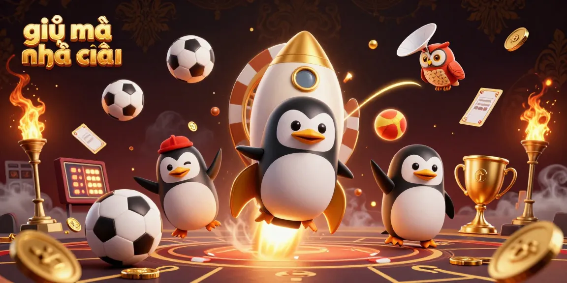 Experience the thrilling world of giải mã nhà cái with a dynamic 3D cartoon scene featuring a penguin and sports betting elements.