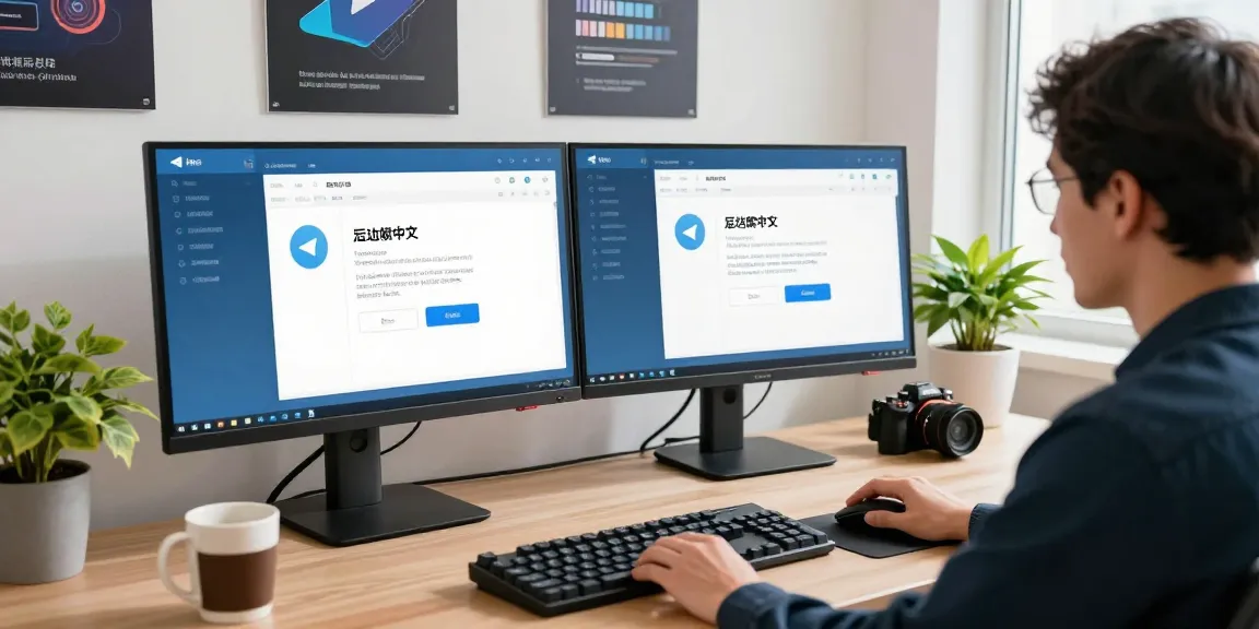 Setting up Telegram中文 in a modern workspace with dual monitors, focused on localization.