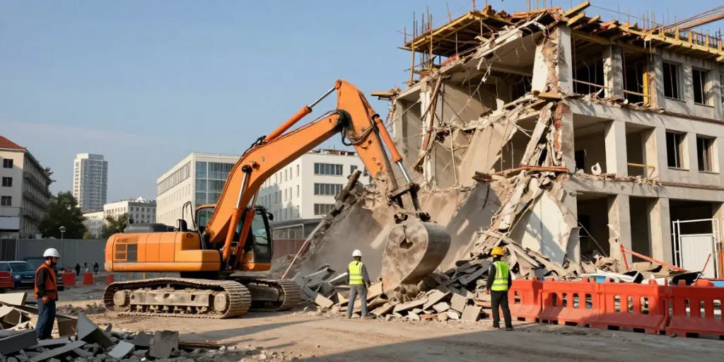 Abriss Wien: Bagger beim Abriss eines alten Gebäudes in Wien, Baustellenaktivität mit Stadtansicht im Hintergrund.