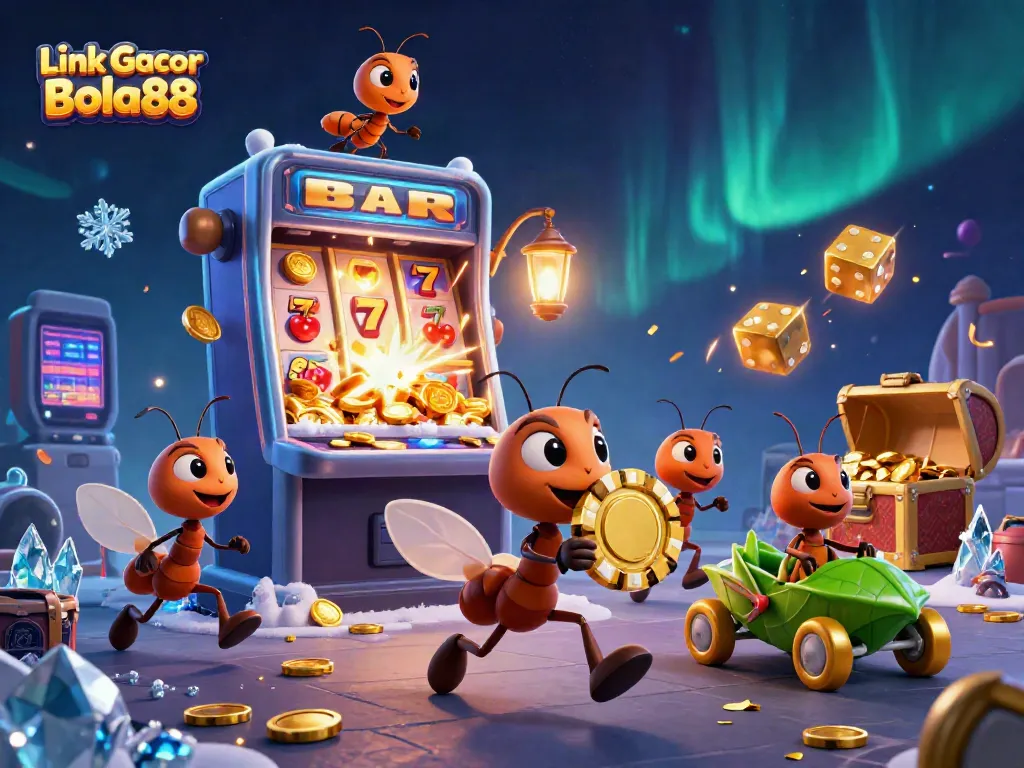 Catch the excitement with Link Gacor Bola88 as cartoon ants haul a giant poker chip amidst a jackpot explosion.