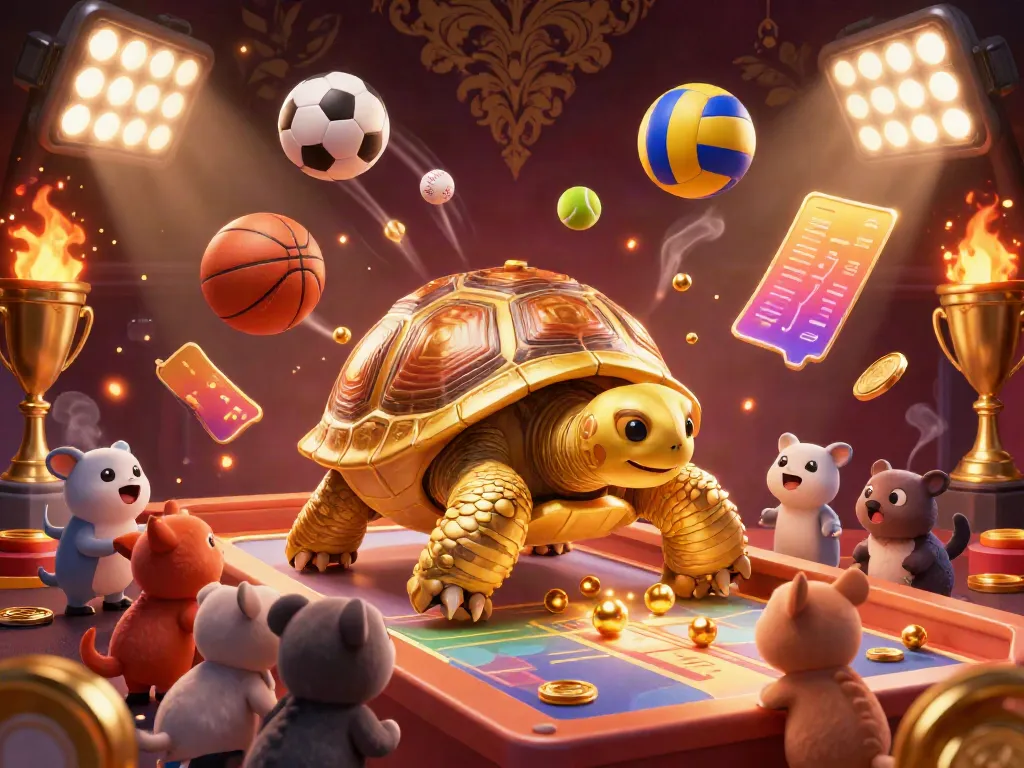 Experience the excitement at LU88 with a vibrant casino scene featuring a golden tortoise pinball machine surrounded by sports elements.