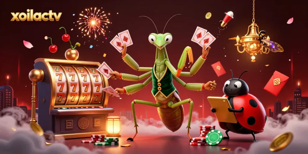 Experience the thrill of casino gaming with xoilactv, featuring vibrant characters and lively slot reels.