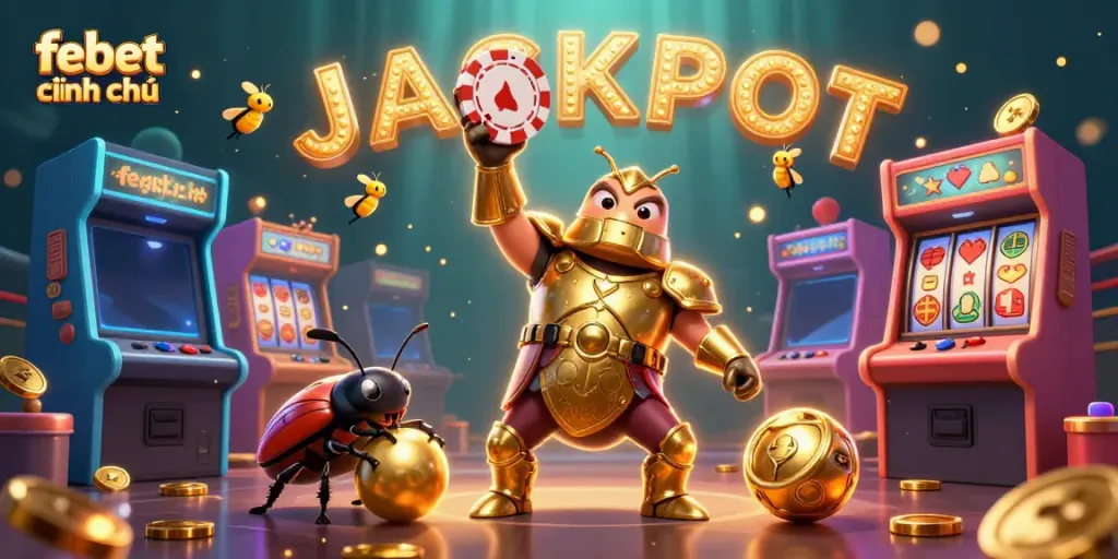 Engage with febet chính chủ through a vibrant 3D casino scene showcasing a victorious beetle character.