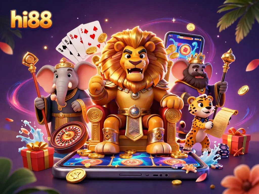 Engage in thrilling games at hi88 with a majestic lion king, wise elephant, and swift cheetah.