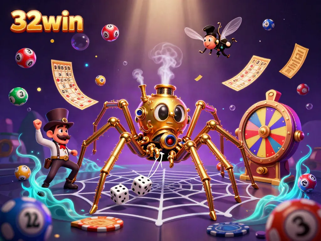 Experience thrilling games at 32win with a dynamic scene of casino elements, a steampunk spider, and an amused fly