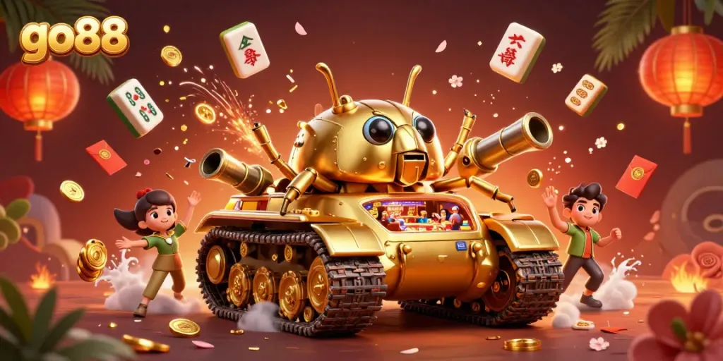 Enjoy thrilling casino action with go88, featuring a vibrant golden beetle tank and colorful game symbols.