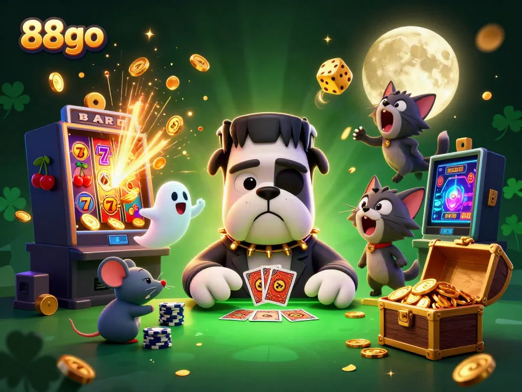 88go Frankenstein bulldog monster joyfully dealing cards in a vibrant casino environment filled with jackpot excitement.