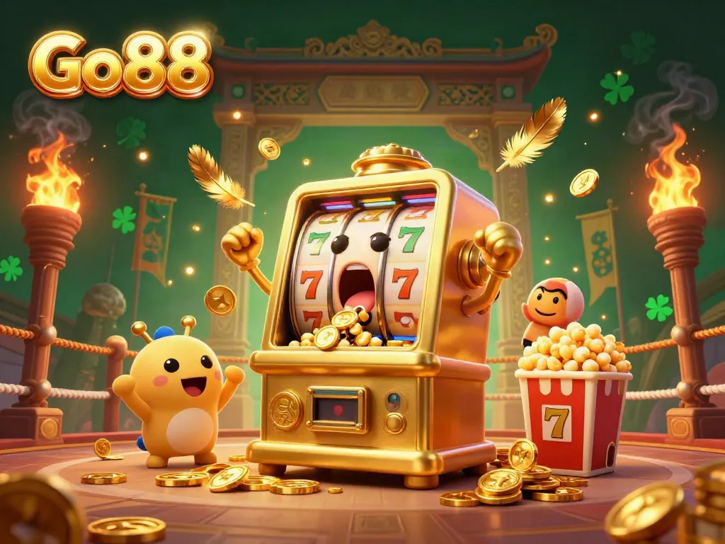 Witness the exciting Go 88 jackpot moment as a golden slot machine celebrates its win with cheering companions.