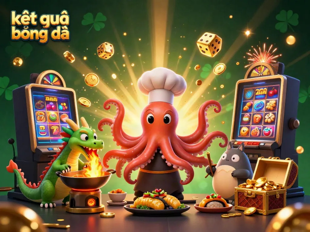Exciting kết quả bóng đá scene featuring a cartoon octopus chef, dragon, and tanuki with vibrant casino elements.