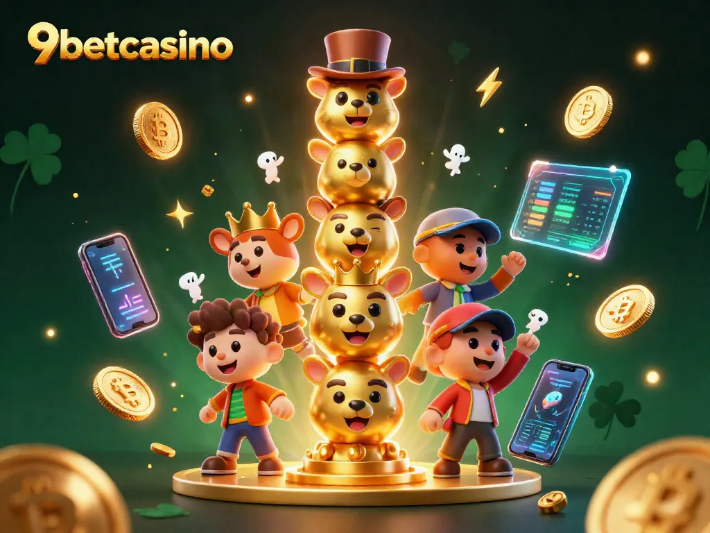 Experience dynamic gaming with 9betcasino's exciting totem illustration, featuring blockchain elements and vibrant visuals.