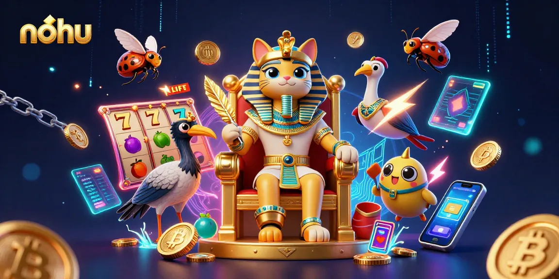 Experience the excitement of nohu jackpots with vibrant 3D elements showcasing slot symbols, crypto coins, and Egyptian motifs.