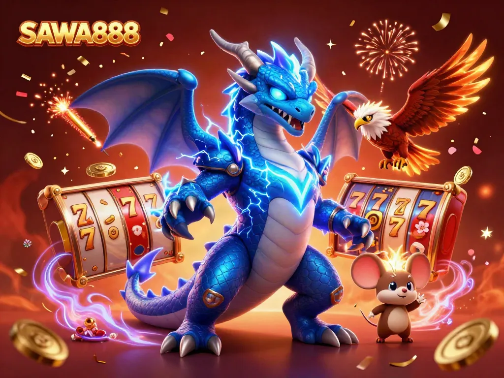Engage with SAWA888's thrilling slot reels, jackpot symbols, and dynamic characters in an electrifying digital fantasy.