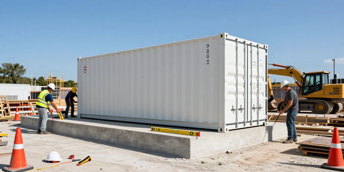 Container Fundament Platten in einer Bauumgebung mit Bauarbeitern bei der Installation.