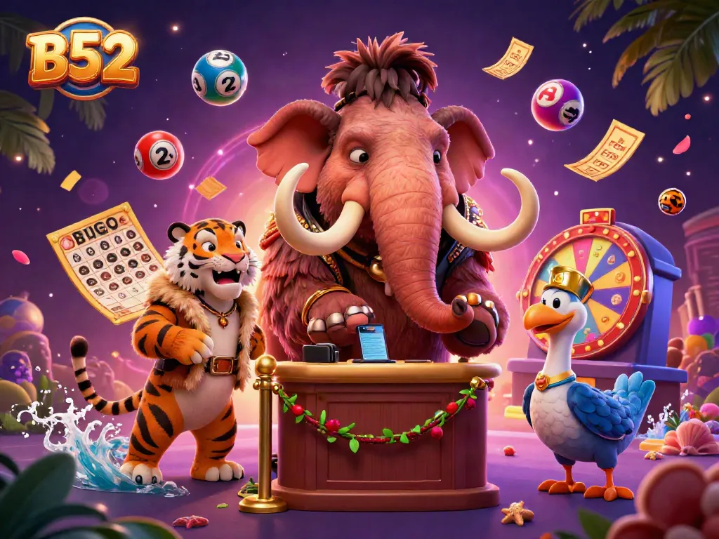 Join the B52 casino experience with a woolly mammoth bouncer and a saber-tooth tiger VIP amidst vibrant lottery elements.