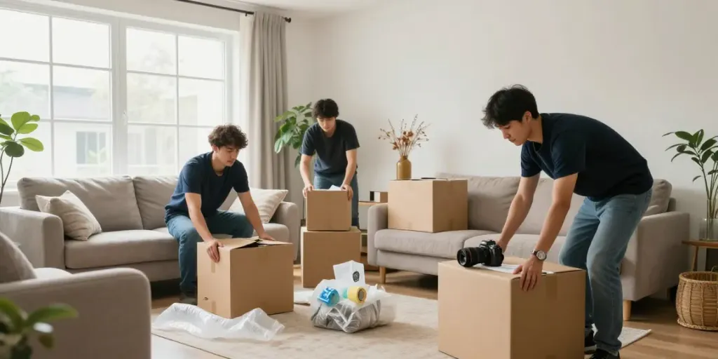 Professionelles Team bei einer Wohnungsauflösung Berlin Lichterfelde in einem gemütlichen Wohnzimmer.