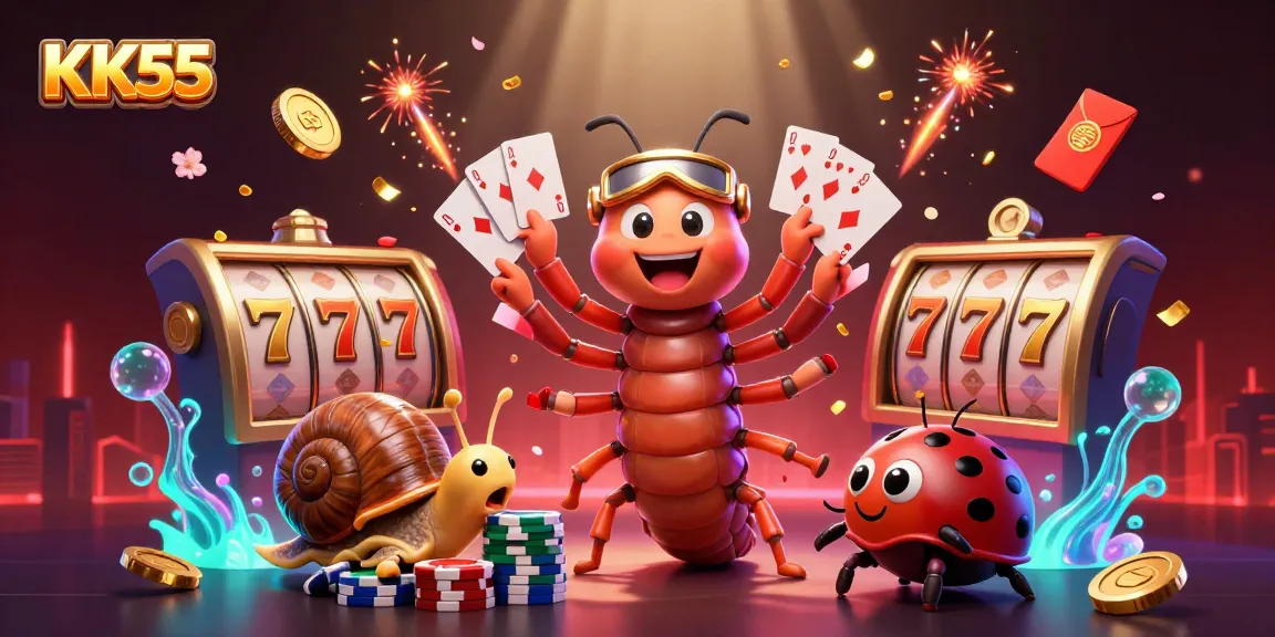 Engage in thrilling gameplay with KK55 as a whimsical millipede dealer showcases vibrant cards and casino action.