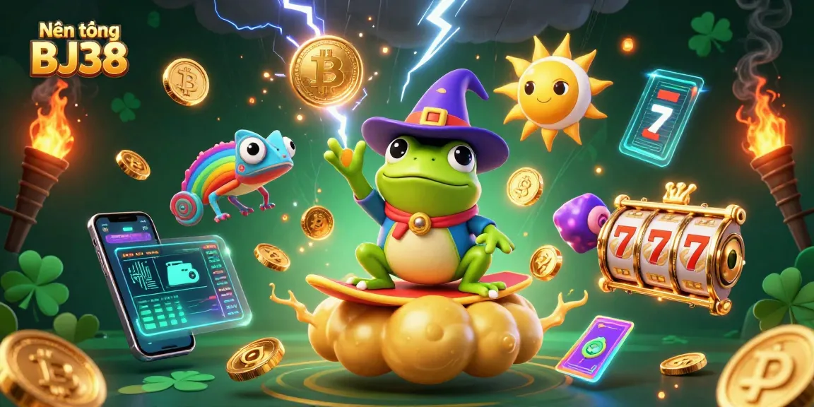Nền tảng BJ38 offers a thrilling gambling experience with vibrant characters and dynamic elements, including coins and slot reels.