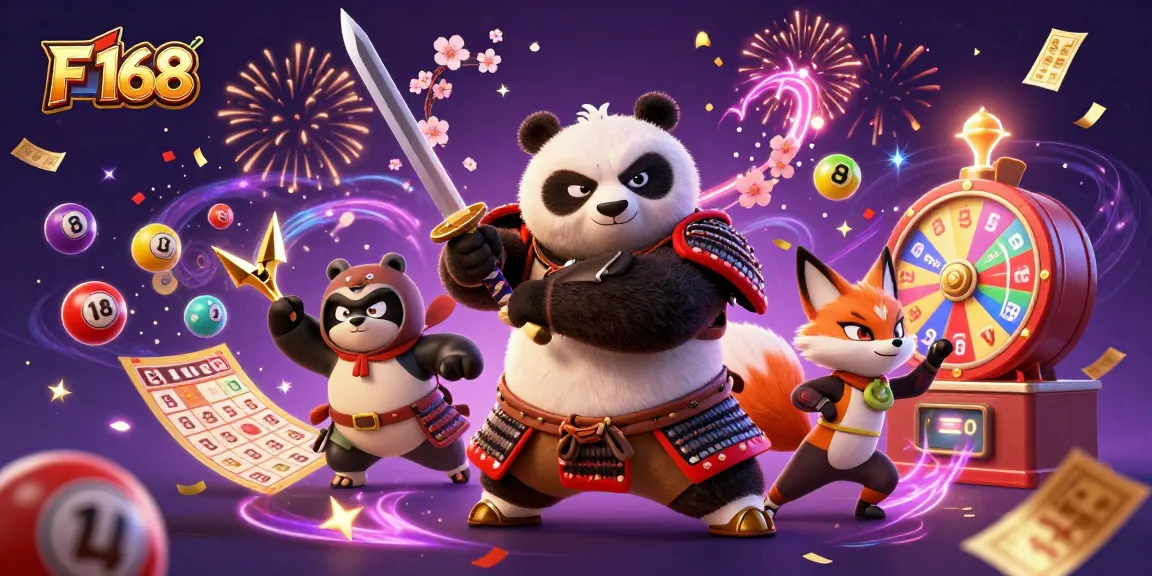 Experience the excitement of F 168 with a vibrant illustration featuring a samurai panda and dynamic game elements.