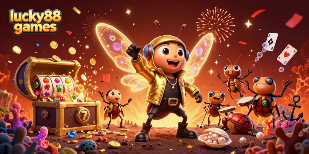 Play slots and win big with lucky88games in this vibrant 3D casino scene full of excitement.