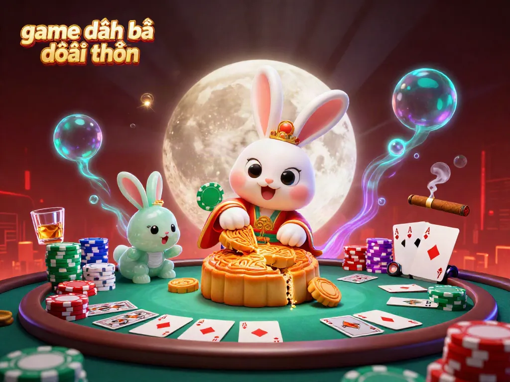 Engage in game đánh bài đổi thưởng with a lively scene featuring a moon rabbit and vibrant poker elements in a mesmerizing glow.