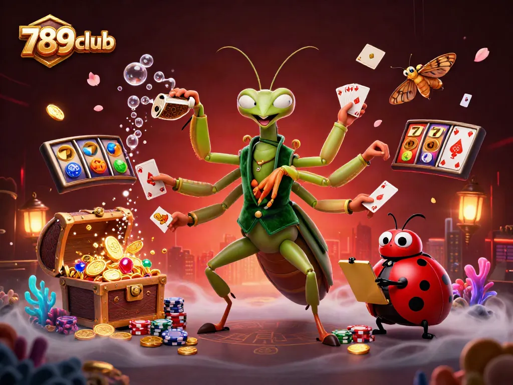 Engage in thrilling games at 789club with a vibrant scene of a giant mantis card sharp and a ladybug pit boss.