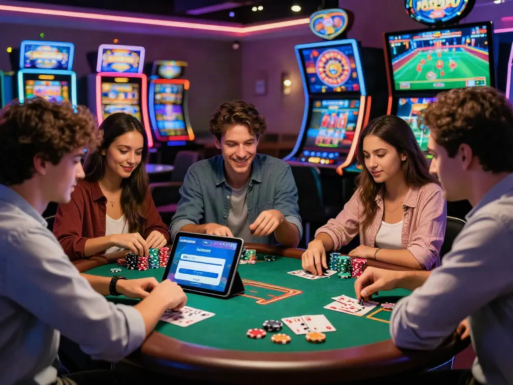 Freunde genießen die aufregende Atmosphäre beim Spielen in einem Online-Casino mit itsme-Login.