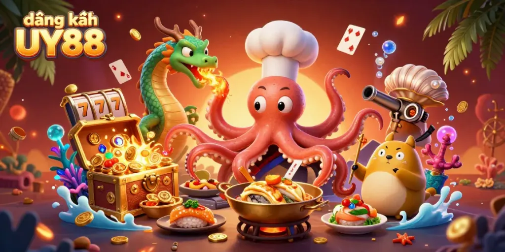 Engage in thrilling gameplay with đăng ký UY88, featuring a vibrant octopus chef and dragon amidst casino riches.