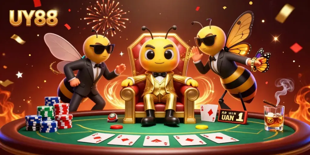 Engage with UY88's vibrant casino experience featuring a bumblebee mob boss and poker elements.