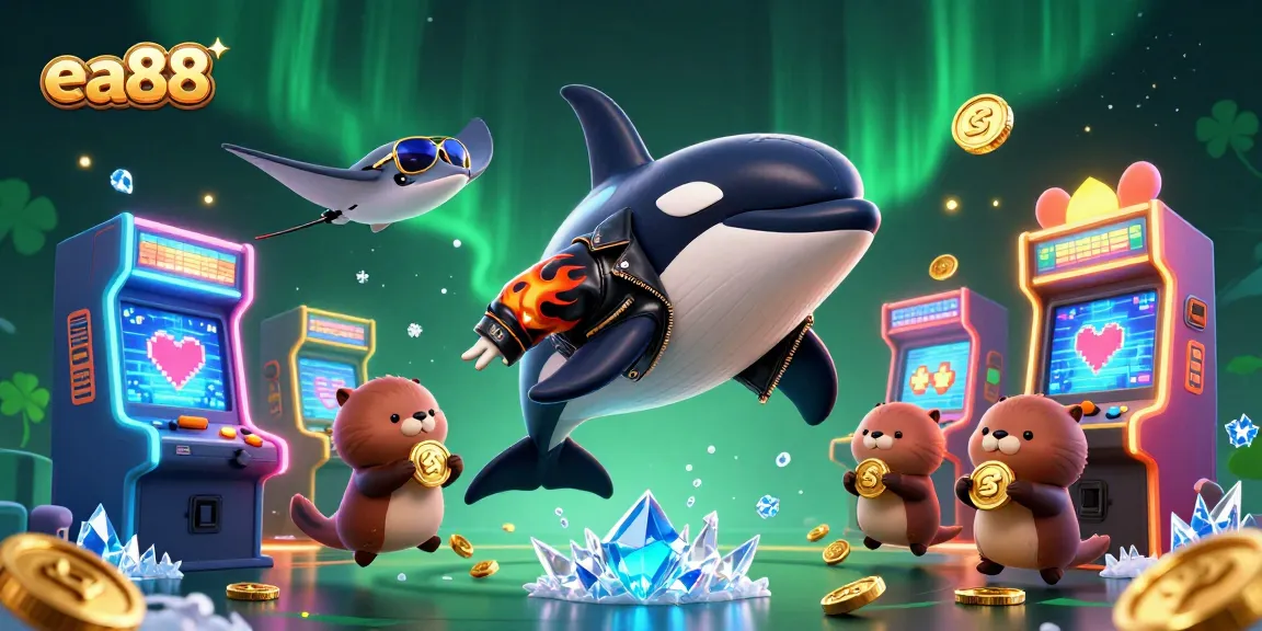 Experience the thrills at ea88 with an exciting underwater casino scene featuring playful characters and vibrant gaming elements.