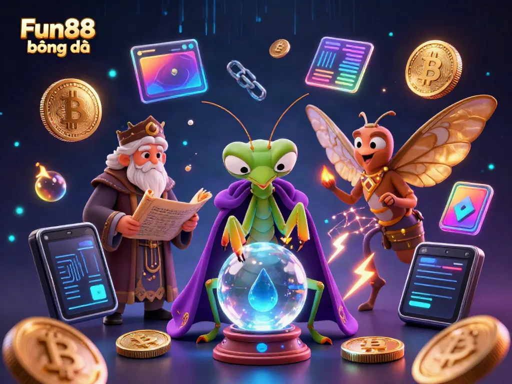 Experience thrilling Fun88 bóng đá with a magical scene of fortune tellers and cryptocurrency elements.