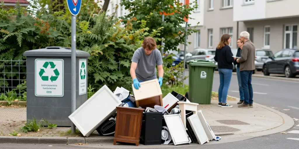Sperrmüllabholung Berlin: Anwohner sortieren Sperrmüll auf dem Gehweg.