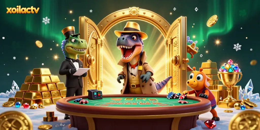 Xoilactv's colorful casino-themed scene features a velociraptor in a trench coat at a blackjack table, promising an exciting gambling experience.