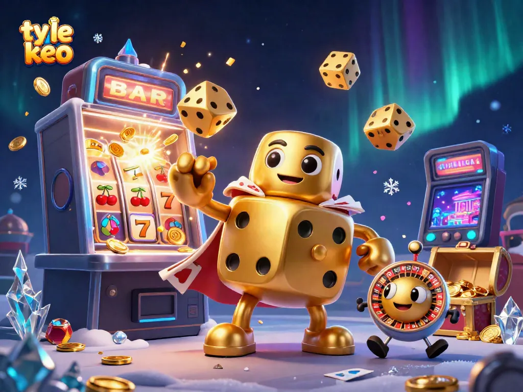 Engage with ty le keo in this vibrant casino scene featuring golden dice and slot machines.