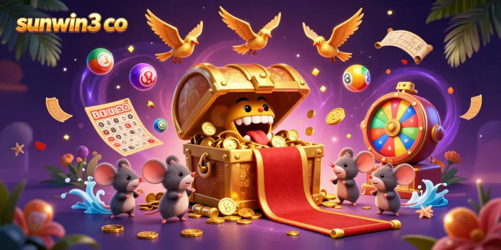Experience thrilling gameplay at sunwin3 co with vibrant lotteries and prizes cascading around a treasure chest.