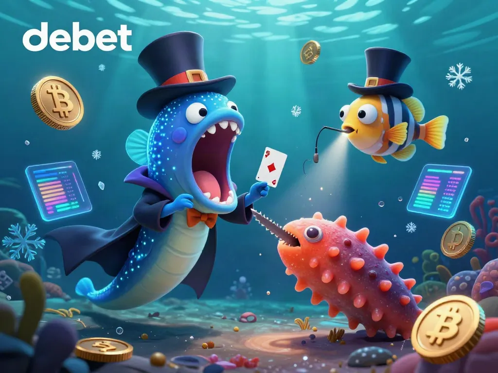 Experience debet's thrilling magic act with underwater creatures performing tricks, glowing coins, and blockchain elements.