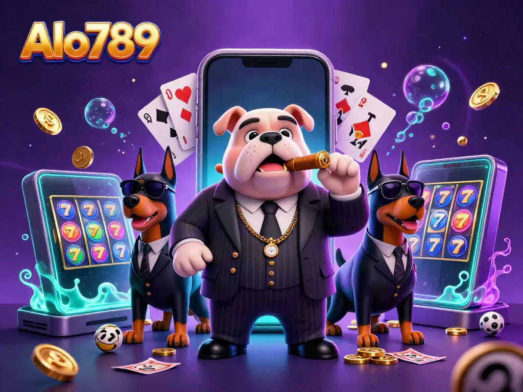 Alo789 players experience excitement with a mafia-themed illustration featuring a bulldog in a suit and casino elements.