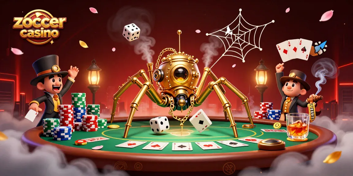 Experience the excitement of zoccer casino as a steampunk spider catches dice in its golden web.