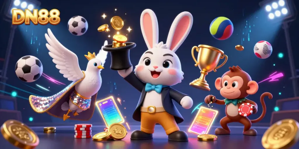 Join the excitement of DN88 with a rabbit magician pulling coins, a glamorous dove, and a monkey stealing poker chips.
