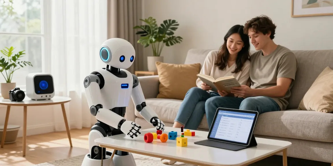 A home robot assists a couple by tidying toys in a modern living room, showcasing home technology integration.