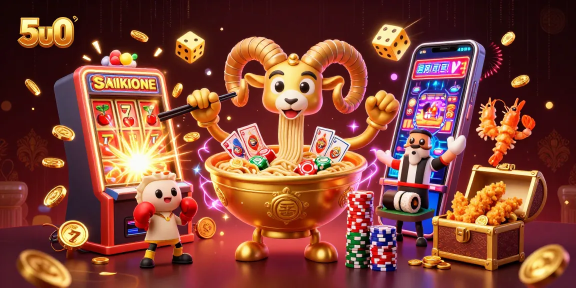 5u0 gaming scene showcasing a dynamic giant ramen bowl dealer with vibrant casino elements