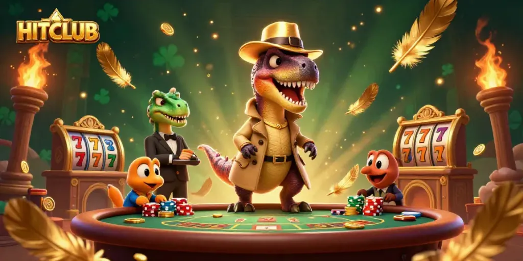 Experience HITCLUB excitement with a velociraptor card counter at a vibrant casino scene.