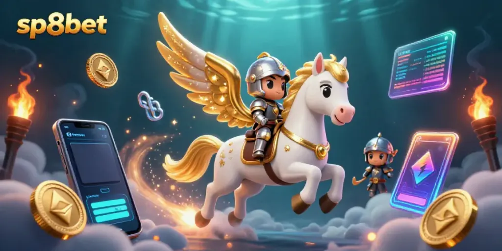 Experience sp8bet's thrilling atmosphere with fantasy elements, including a celestial knight and crypto symbols.
