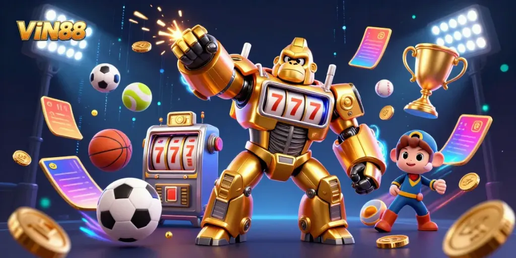 Experience thrilling gameplay with VIN88 featuring a golden gorilla mech surrounded by dynamic sports elements.