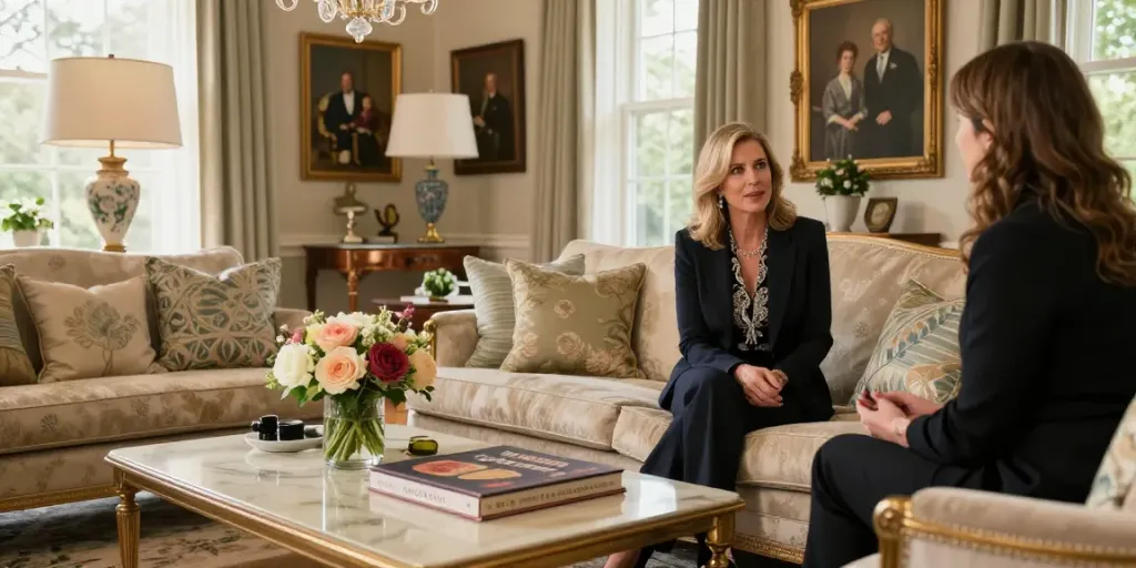 Tucker Carlson Wife Heiress Net Worth depicted in an elegant living room showcasing luxury lifestyle elements.